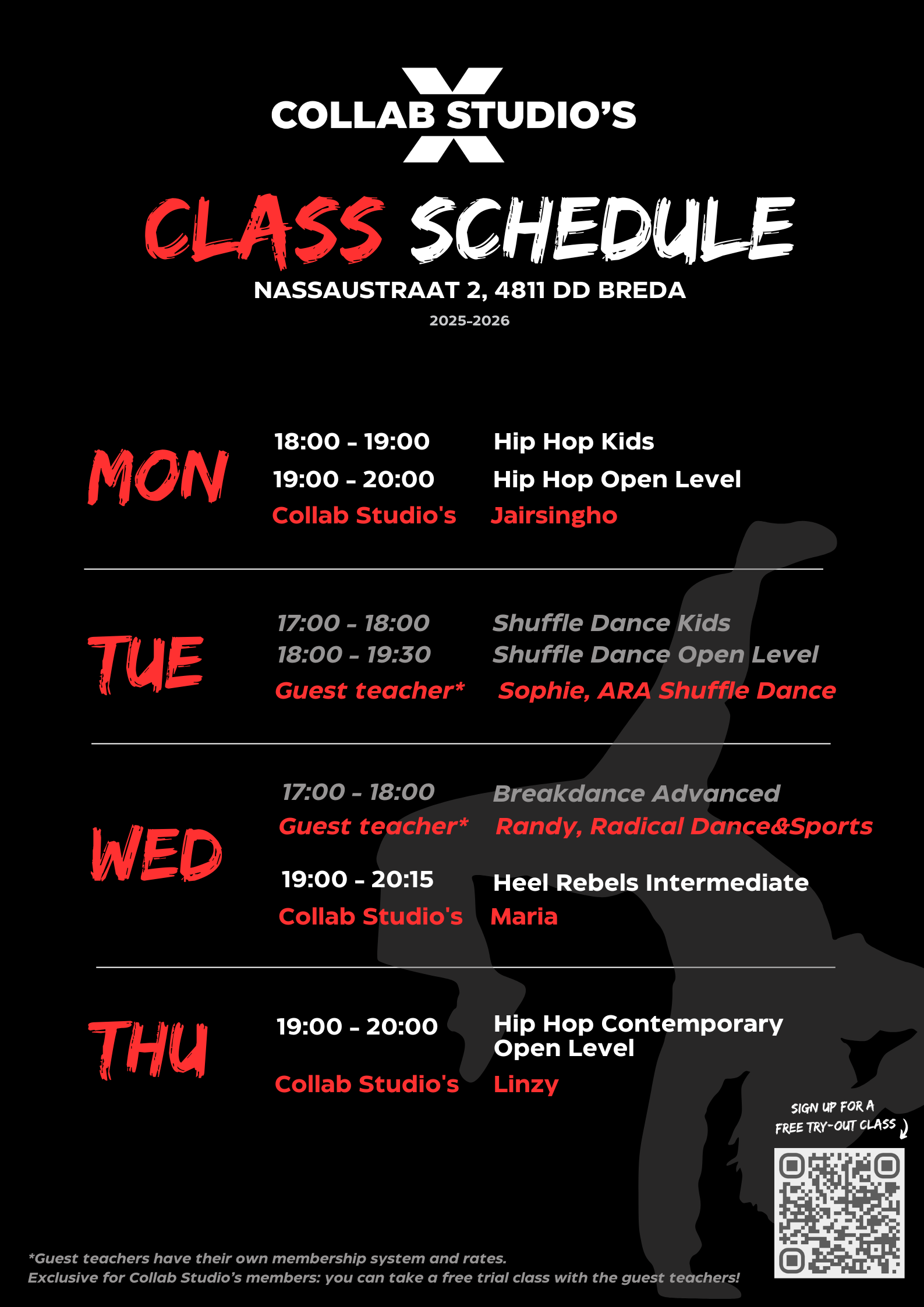 Afbeelding van het dansrooster van Collab Studios met lestijden, dagen en verschillende dansstijlen zoals Heel Rebels, Open Level en Kids lessen.